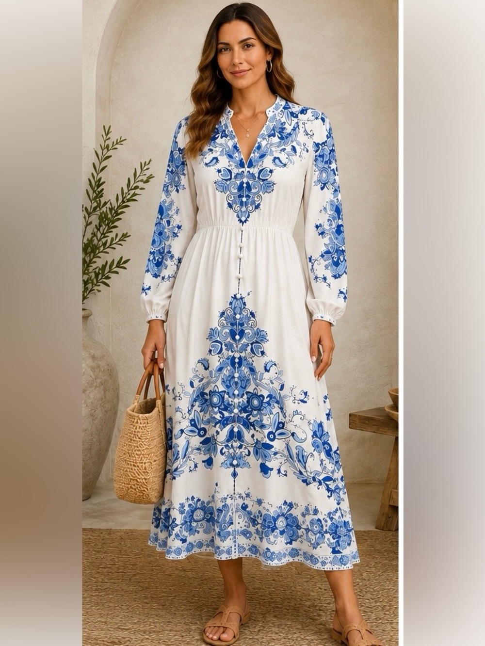 Soft Surroundings White Midi Dress with Blue Floral Print